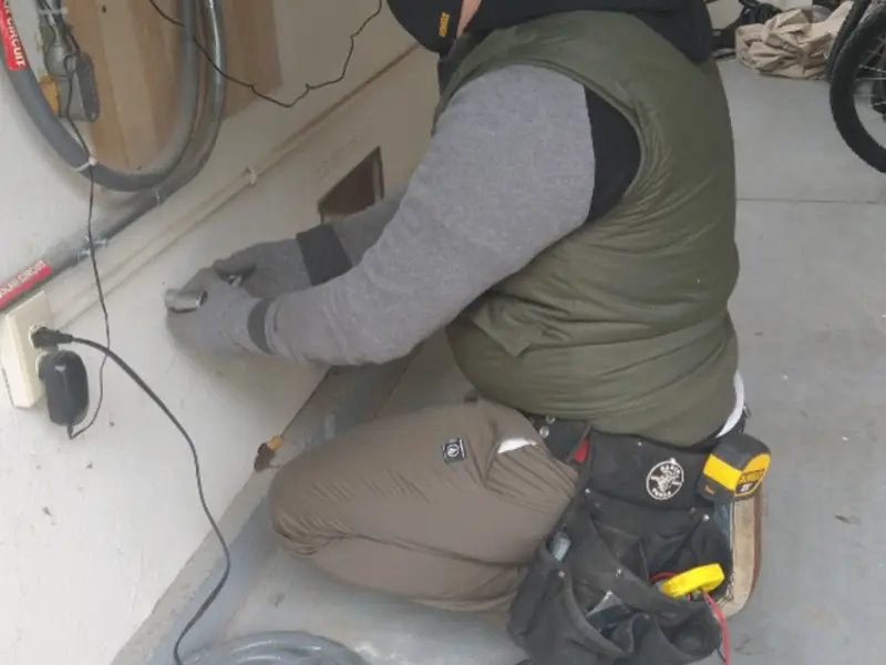 Electrician performing outlet wiring in a Salton City garage